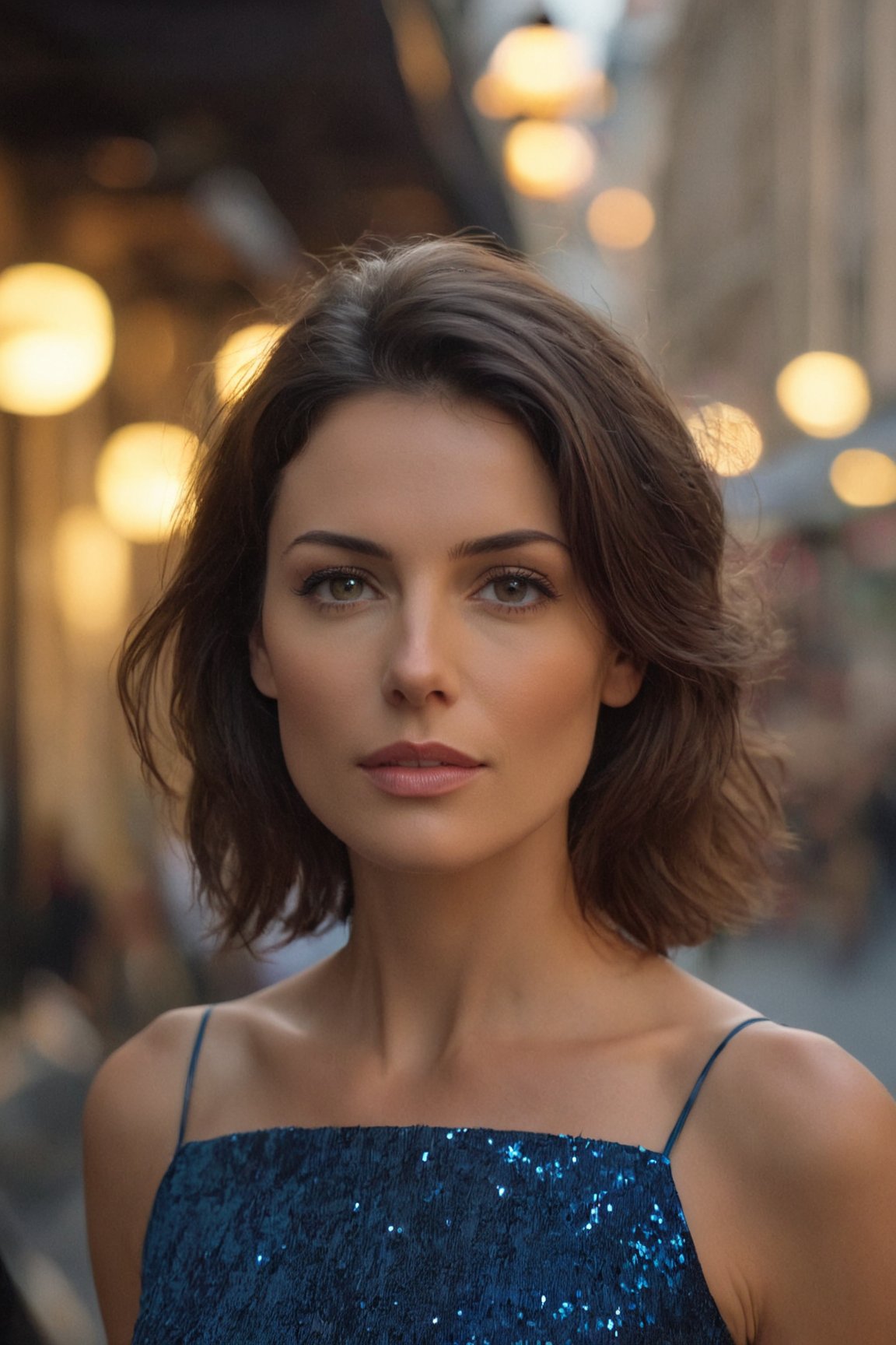 ((Glamour Shot)),(best quality, high quality, sharp focus:1.4), european beautiful mature woman, model face, brunette hair, looking at the viewer, street, best quality, realistic ,masterpiece,bokeh, 4k,photographic, fine texture, incredibly lifelike,  sldr3ssng, blue dress
