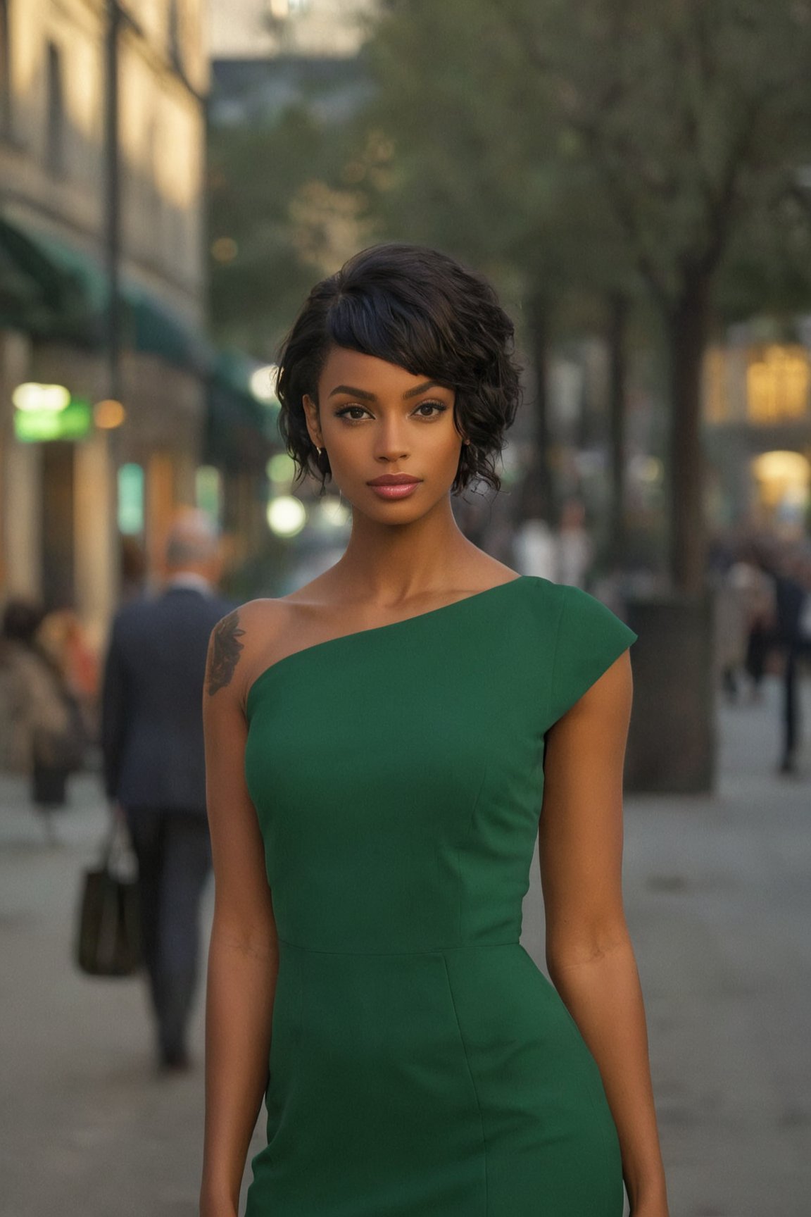 ((Glamour Shot)),(best quality, high quality, sharp focus:1.4), european beautiful black woman, model face, black hair, looking at the viewer, street, best quality, realistic ,masterpiece,bokeh, 4k,photographic, fine texture, incredibly lifelike,  sldr3ssng, green dress