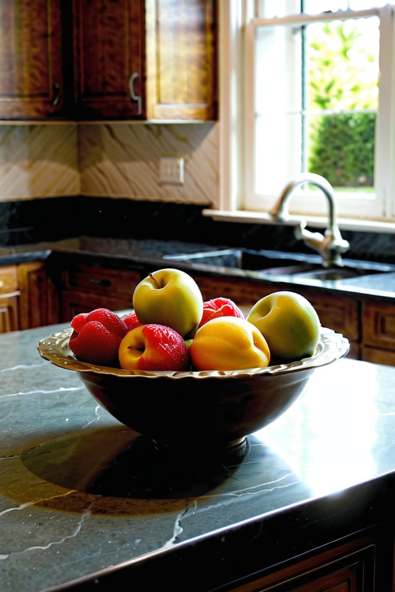 a classic landscape painting of a perfect bowl of fruit sitting on a counter in an upscale elegant kitchen, by Richard S. Johnson