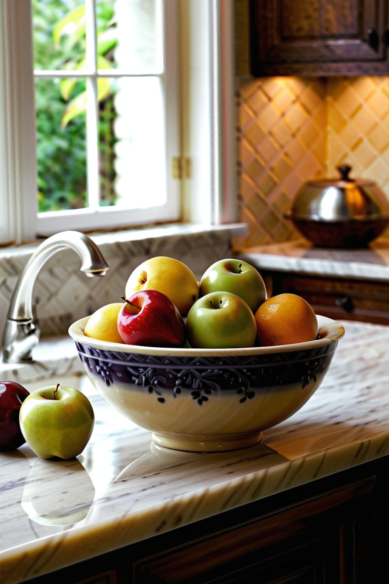 a classic landscape painting of a perfect bowl of fruit sitting on a counter in an upscale elegant kitchen, by Richard S. Johnson