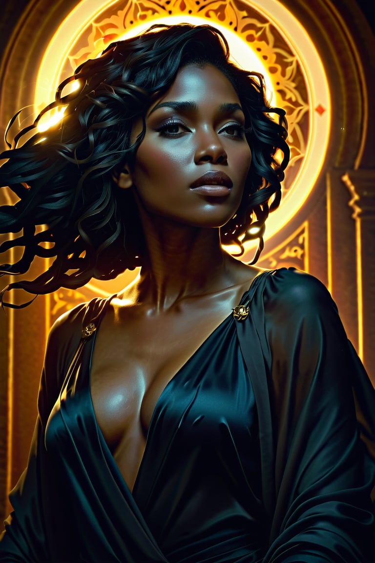 Beautiful dark woman, Art by artgerm and Greg Rutkowski, WLOP, Alphonse Mucha, cinematic, dramatic, volumetric lighting, (Cinematic, moody lighting),