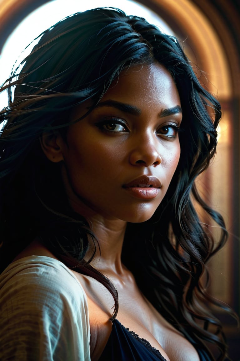 Beautiful dark woman, Art by artgerm and Greg Rutkowski, WLOP, Alphonse Mucha, cinematic, dramatic, volumetric lighting, (Cinematic, moody lighting),