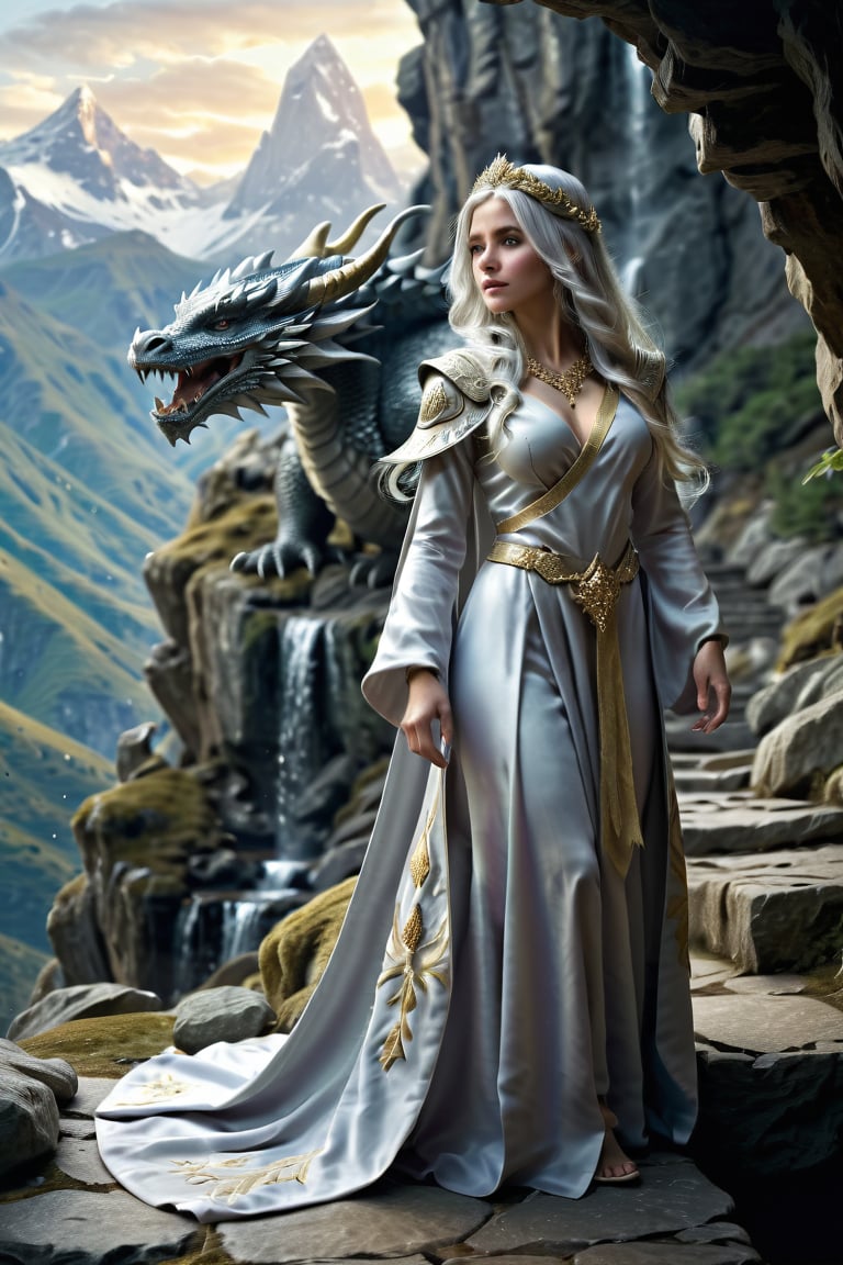 beautiful female character, long silver hair, ornate tiara, fantasy, full body, in a mountain shrine, wearing silver and gold robes, steep rocky path, landscape view, Concept art, fantasy, dragons, mountains, waterfall, (Cinematic, moody lighting)