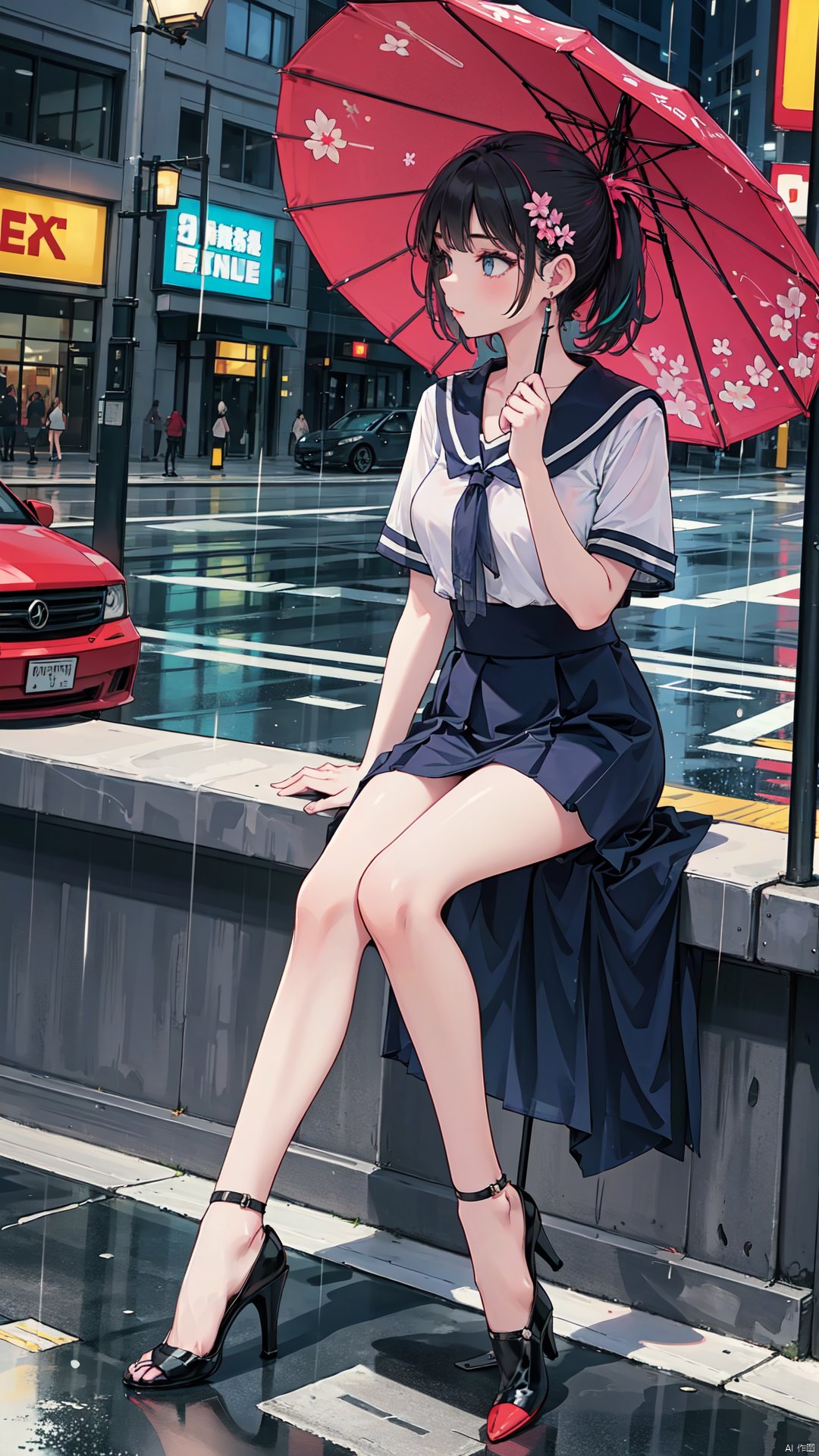  1girl, full body, (long legs), earrings,high heels,,city,street,(flower rain), hair stick,vivid,colorful, minisailor