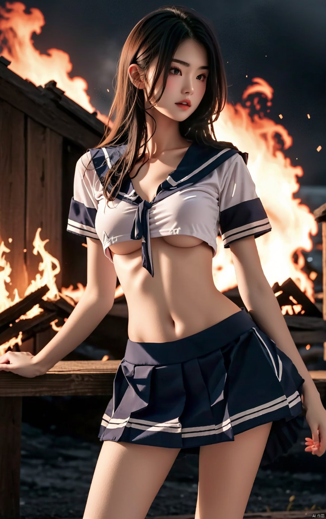  1girl,standing,city,fire around body,outdoor,long hair,breasts, minisailor,bare belly