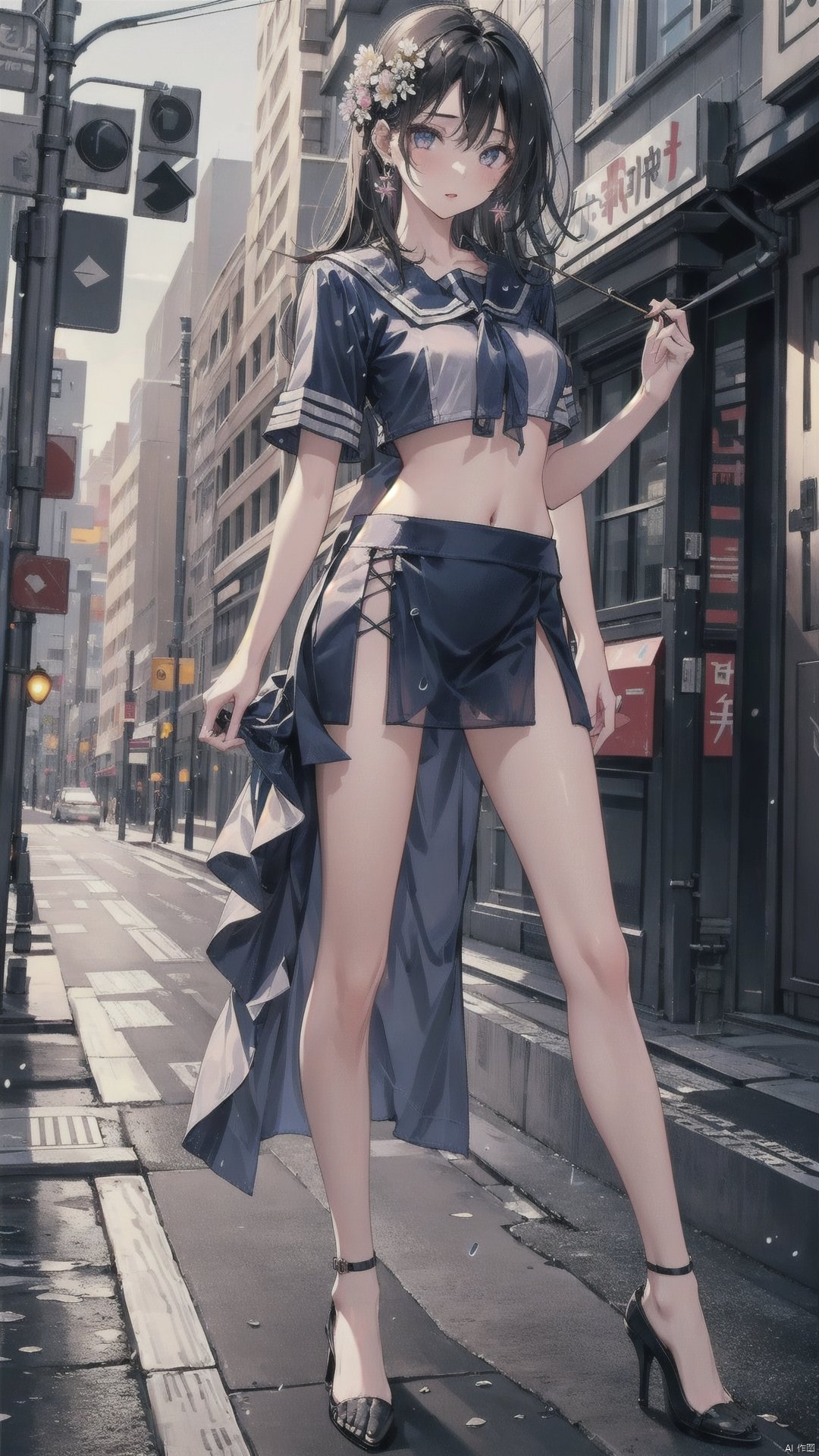  1girl, full body, (long legs), earrings,high heels,,city,street,(flower rain), hair stick,vivid,colorful, bare belly,minisailor,moyou, depth of field, 1 girl