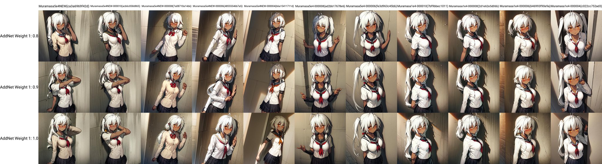 solo, Sansei Muramasa, white hair, antenna hair, orange eyes, dark skin, medium breasts, school uniform, (twintails:1.1), facing viewer, against wall, blush, looking away