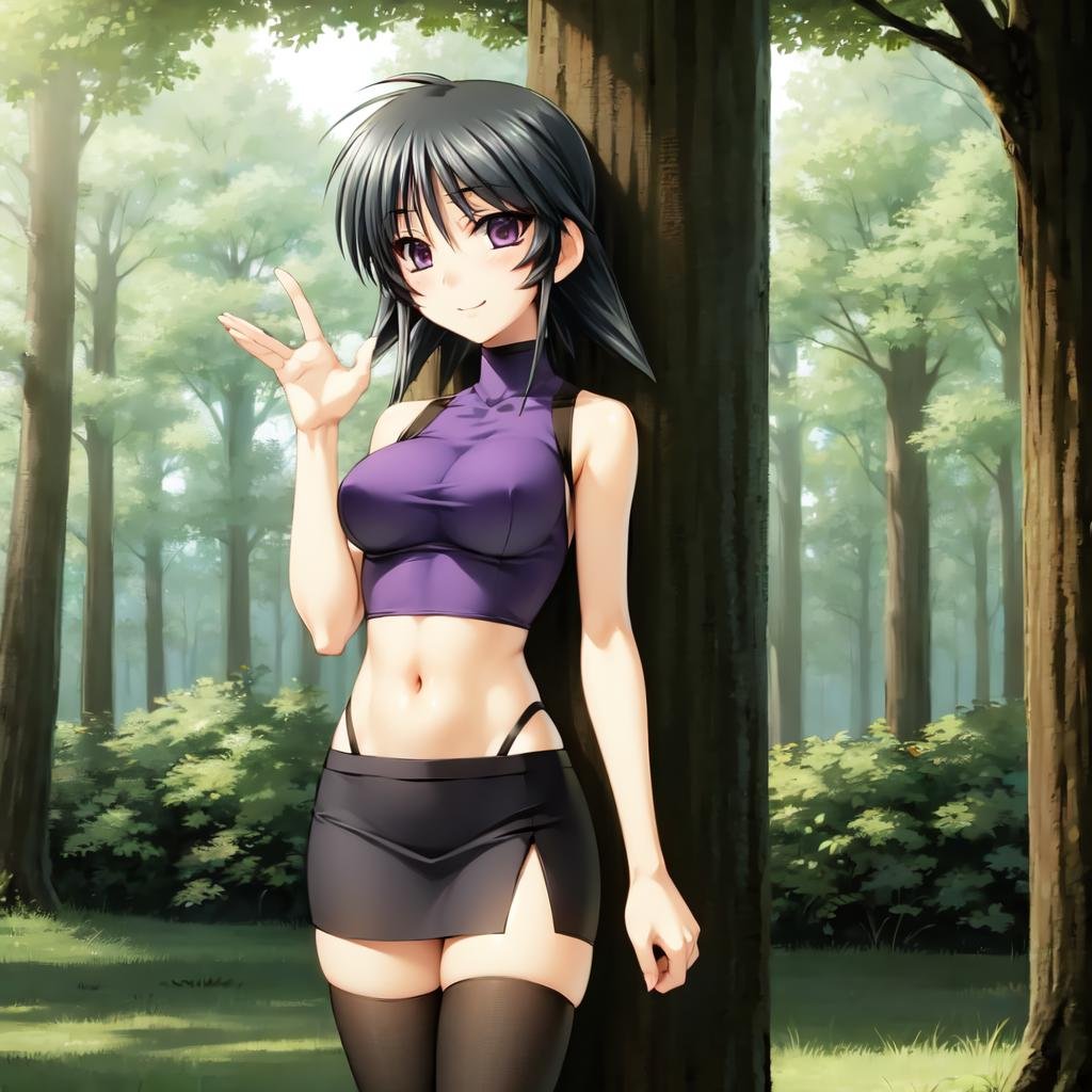 solo, Ayamine Kei, purple eyes, black hair, forest, miniskirt, high heels, navel, crop top, seductive smile, blush, sleeveless