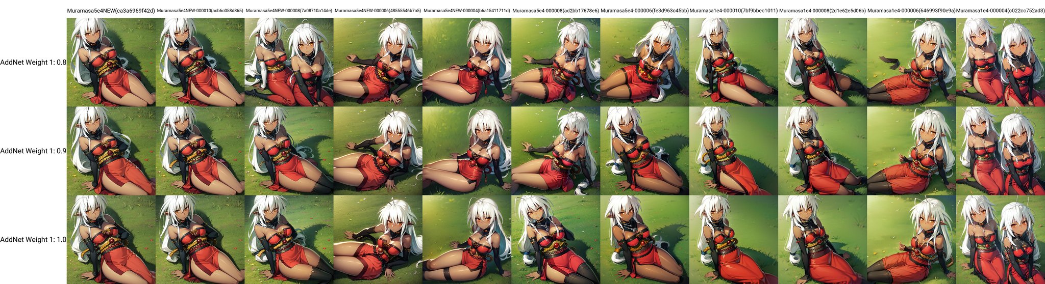 solo, Sansei Muramasa, low-tied long hair, white hair, antenna hair, orange eyes, dark skin, medium breasts, red dress, detached collar, detached sleeves, necklace, rope, obi, side slit, from above, sitting on grass