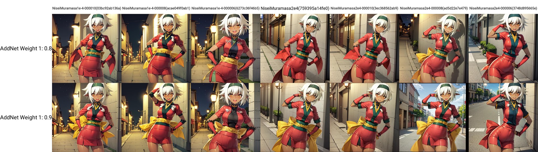 solo, Nisei Muramasa, short hair, dark-skinned female, dark elf, orange eyes, white hair, black hairband, short kimono, obi, japanese clothes, elbow gloves, choker, fingerless gloves, standing, arms on hips, laughing, city, street lamp, alley