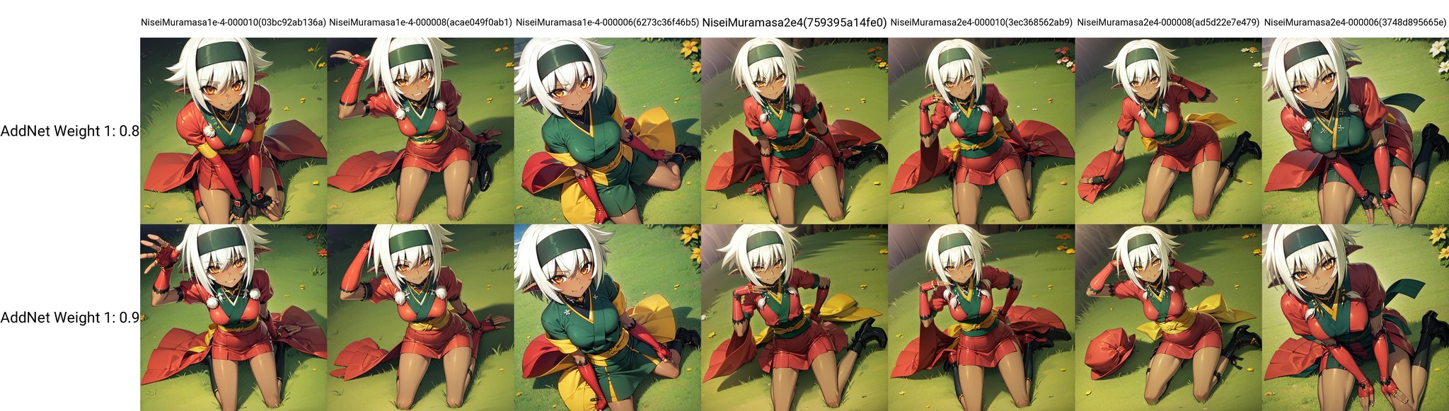 solo, Nisei Muramasa, short hair, dark-skinned female, dark elf, orange eyes, white hair, black hairband, short kimono, obi, japanese clothes, elbow gloves, choker, fingerless gloves, kneeling, grass, flowers, smug smile, mocking, from above