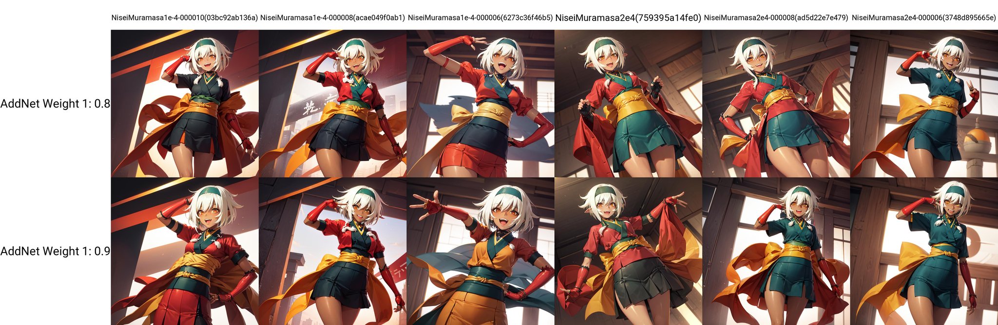 solo, Nisei Muramasa, short hair, dark-skinned female, dark elf, orange eyes, white hair, black hairband, short kimono, obi, japanese clothes, elbow gloves, choker, fingerless gloves, standing, crossed arms, laughing, from below