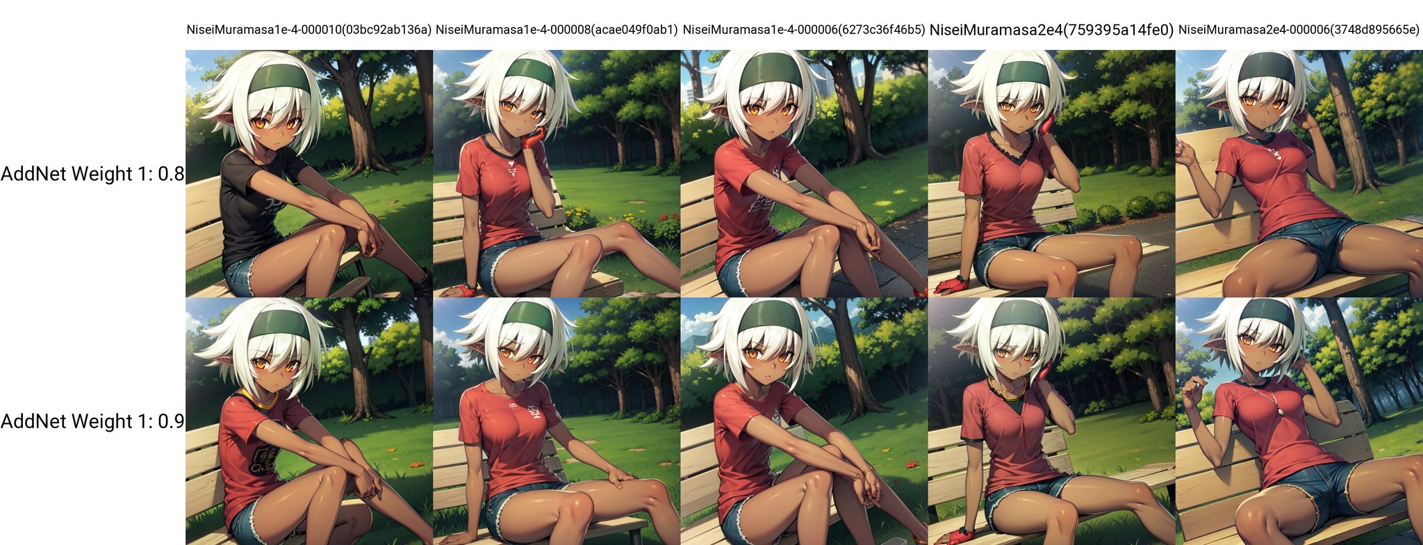 solo, Nisei Muramasa, short hair, dark-skinned female, dark elf, orange eyes, white hair, black hairband, t-shirt, shorts, sitting on bench, park, trees, denim, hands on knees