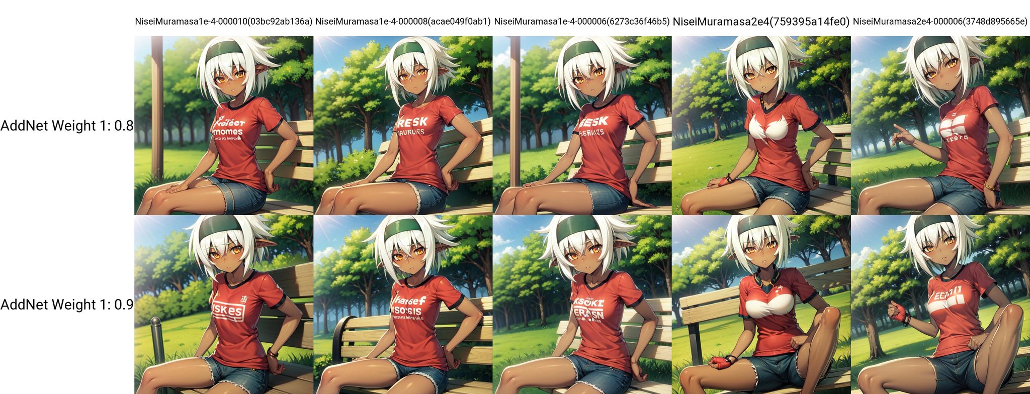 solo, Nisei Muramasa, short hair, dark-skinned female, dark elf, orange eyes, white hair, black hairband, t-shirt, shorts, sitting on bench, park, trees, denim, hands on knees