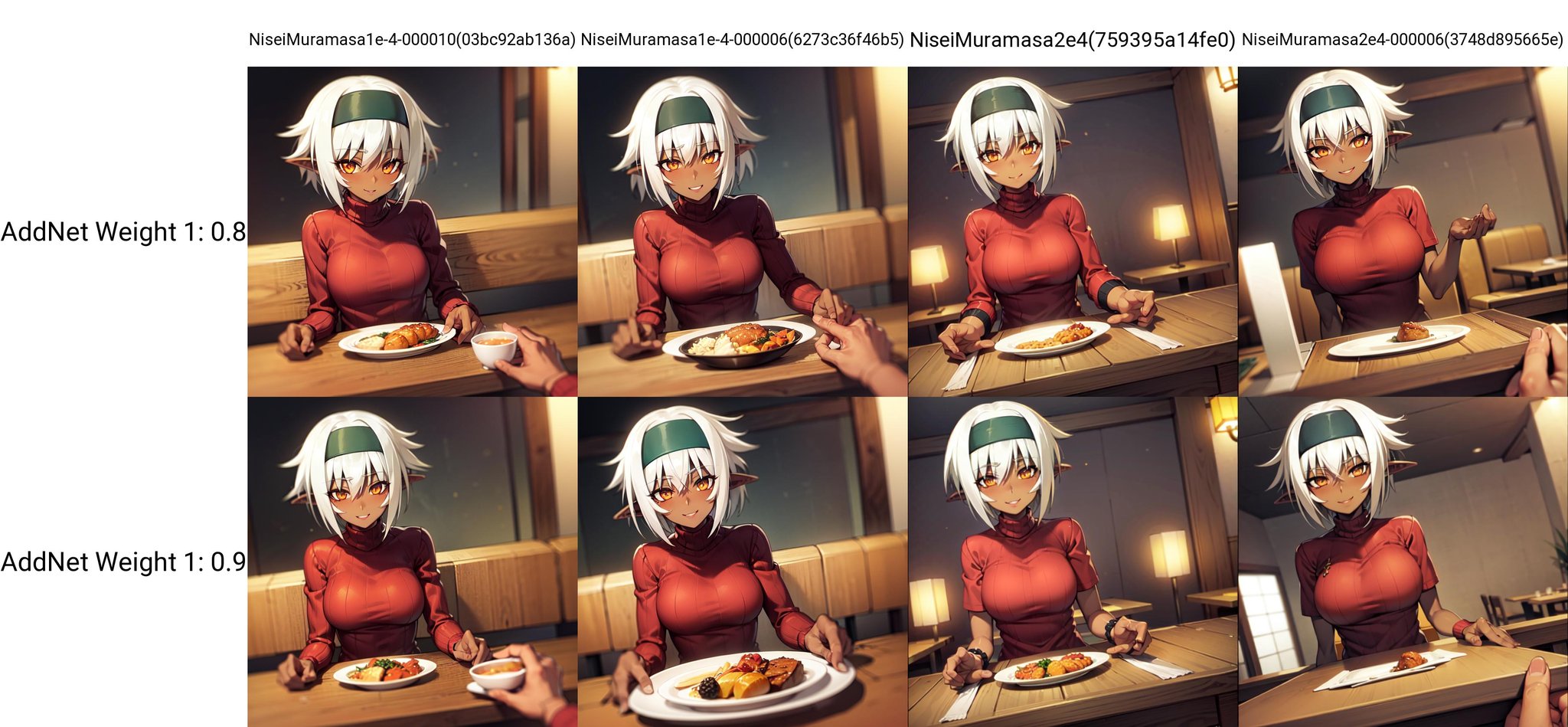 solo, Nisei Muramasa, short hair, dark-skinned female, dark elf, orange eyes, white hair, black hairband, sweater, (pov across table:1.1), restaurant, alluring smile