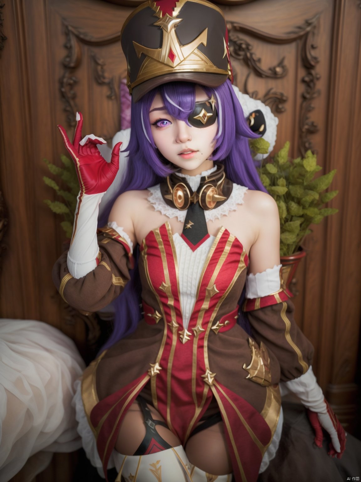  (Best quality: 1.1),  (highly details: 1.1), chevreuse_\(genshin_impact\), 1girl, long hair, solo, hat, eyepatch, purple hair, 