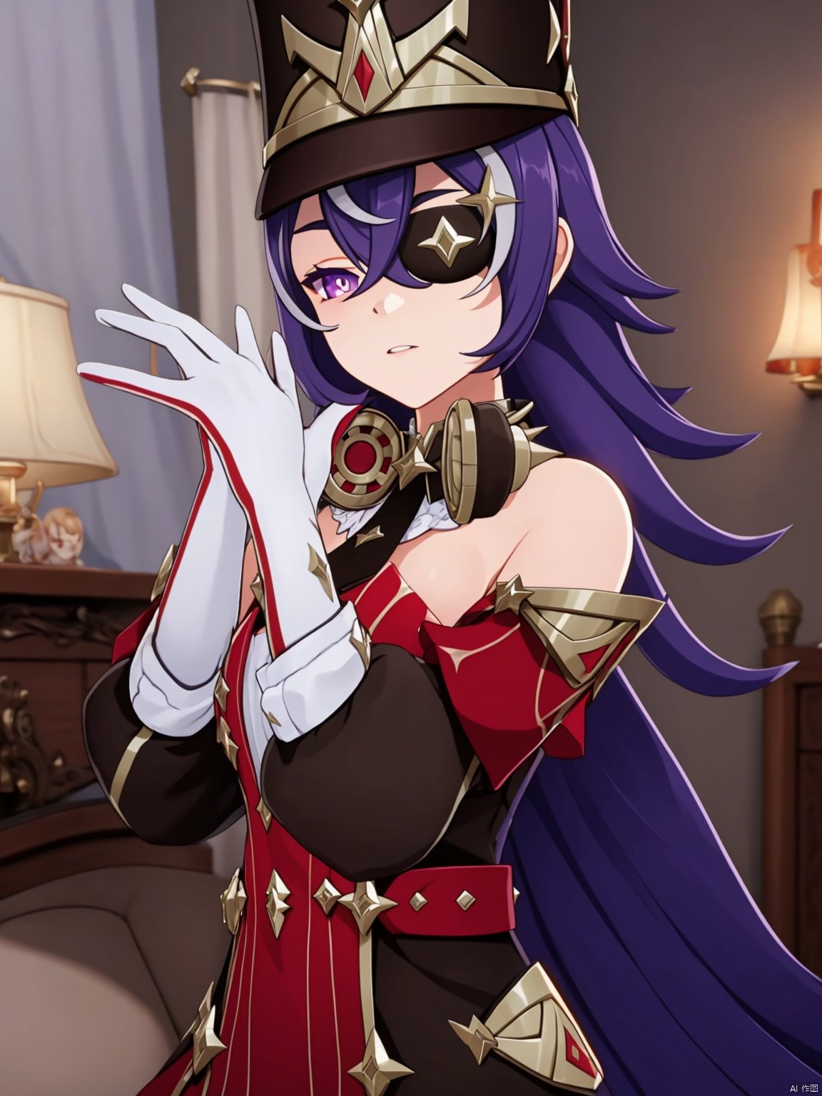  (Best quality: 1.1),  (highly details: 1.1), chevreuse_\(genshin_impact\), 1girl, long hair, solo, hat, eyepatch, purple hair, 