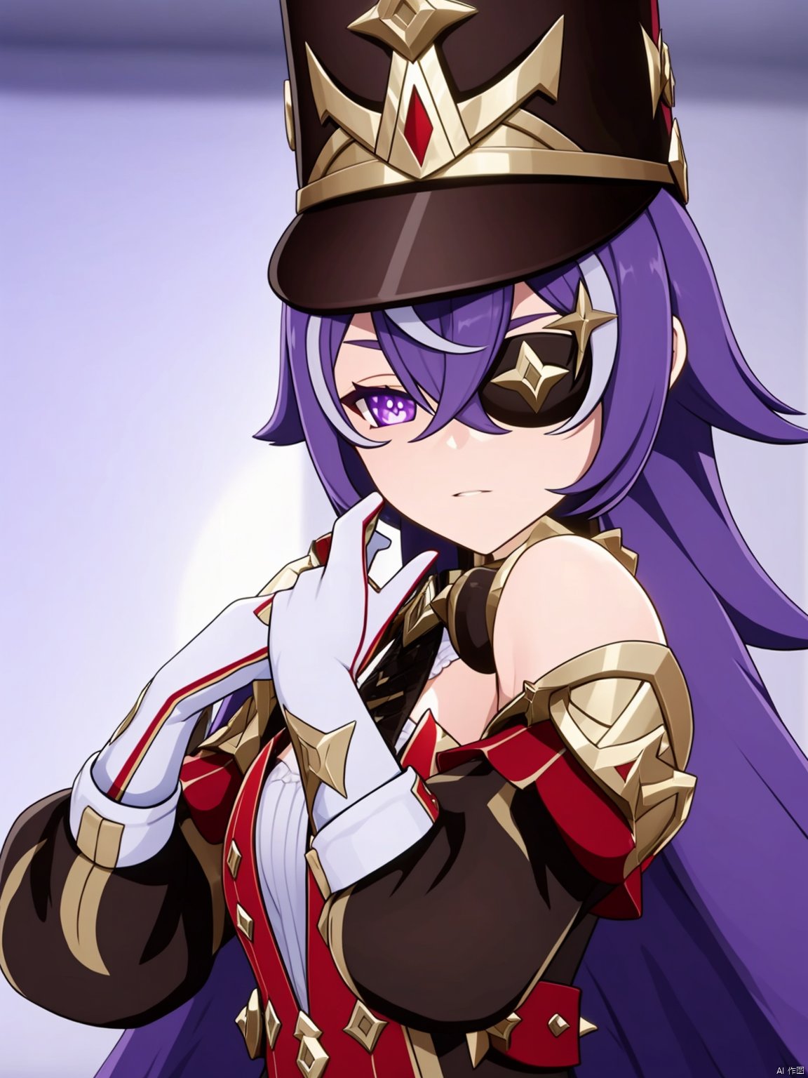  (Best quality: 1.1),  (highly details: 1.1), chevreuse_\(genshin_impact\), 1girl, long hair, solo, hat, eyepatch, purple hair, 