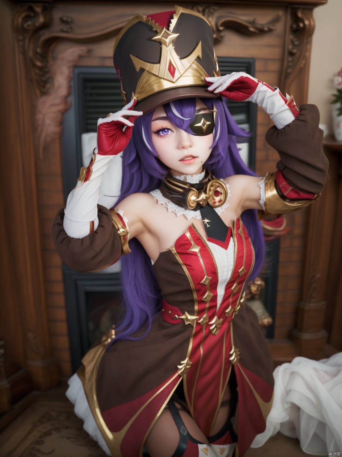  (Best quality: 1.1),  (highly details: 1.1), chevreuse_\(genshin_impact\), 1girl, long hair, solo, hat, eyepatch, purple hair, 