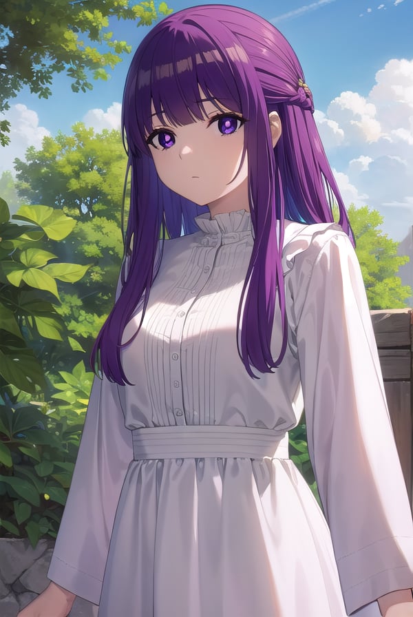 fern, <lora:fern s1-lora-nochekaiser:1>,fern, long hair, bangs, (purple eyes:1.1), purple hair, sidelocks, blunt bangs, (bright pupils:1.5), half updo,BREAK long sleeves, dress, white dress, long dress, robe, black robe,BREAK outdoor, sky, clouds, sun, forest, trees,BREAK looking at viewer, (cowboy shot:1.5),BREAK <lyco:GoodHands-beta2:1>, (masterpiece:1.2), best quality, high resolution, unity 8k wallpaper, (illustration:0.8), (beautiful detailed eyes:1.6), extremely detailed face, perfect lighting, extremely detailed CG, (perfect hands, perfect anatomy),