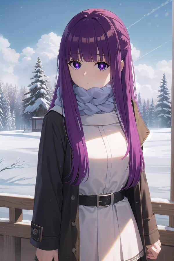 fern, <lora:fern s1-lora-nochekaiser:1>,fern, long hair, bangs, (purple eyes:1.1), purple hair, sidelocks, blunt bangs, (bright pupils:1.5), half updo,BREAK skirt, long sleeves, jacket, belt, scarf, coat, fur trim, black belt,BREAK outdoor, sky, clouds, sun, forest, trees, snow, snowflakes,BREAK looking at viewer, (cowboy shot:1.5),BREAK <lyco:GoodHands-beta2:1>, (masterpiece:1.2), best quality, high resolution, unity 8k wallpaper, (illustration:0.8), (beautiful detailed eyes:1.6), extremely detailed face, perfect lighting, extremely detailed CG, (perfect hands, perfect anatomy),