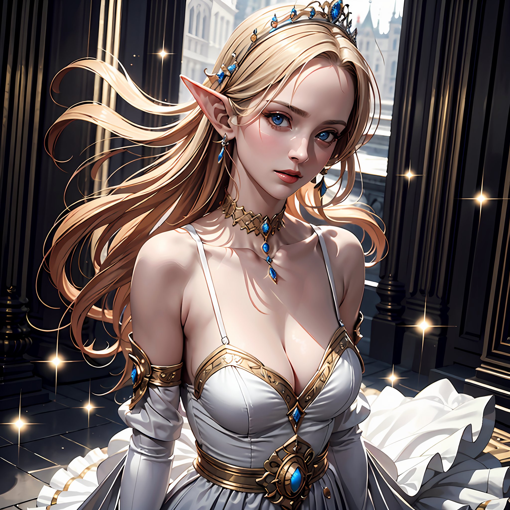 (best quality, masterpiece:1.2),ultra detailed,(photo realistic:1.4),white ruffle dress,royal palace,elven_princess,multi_effects