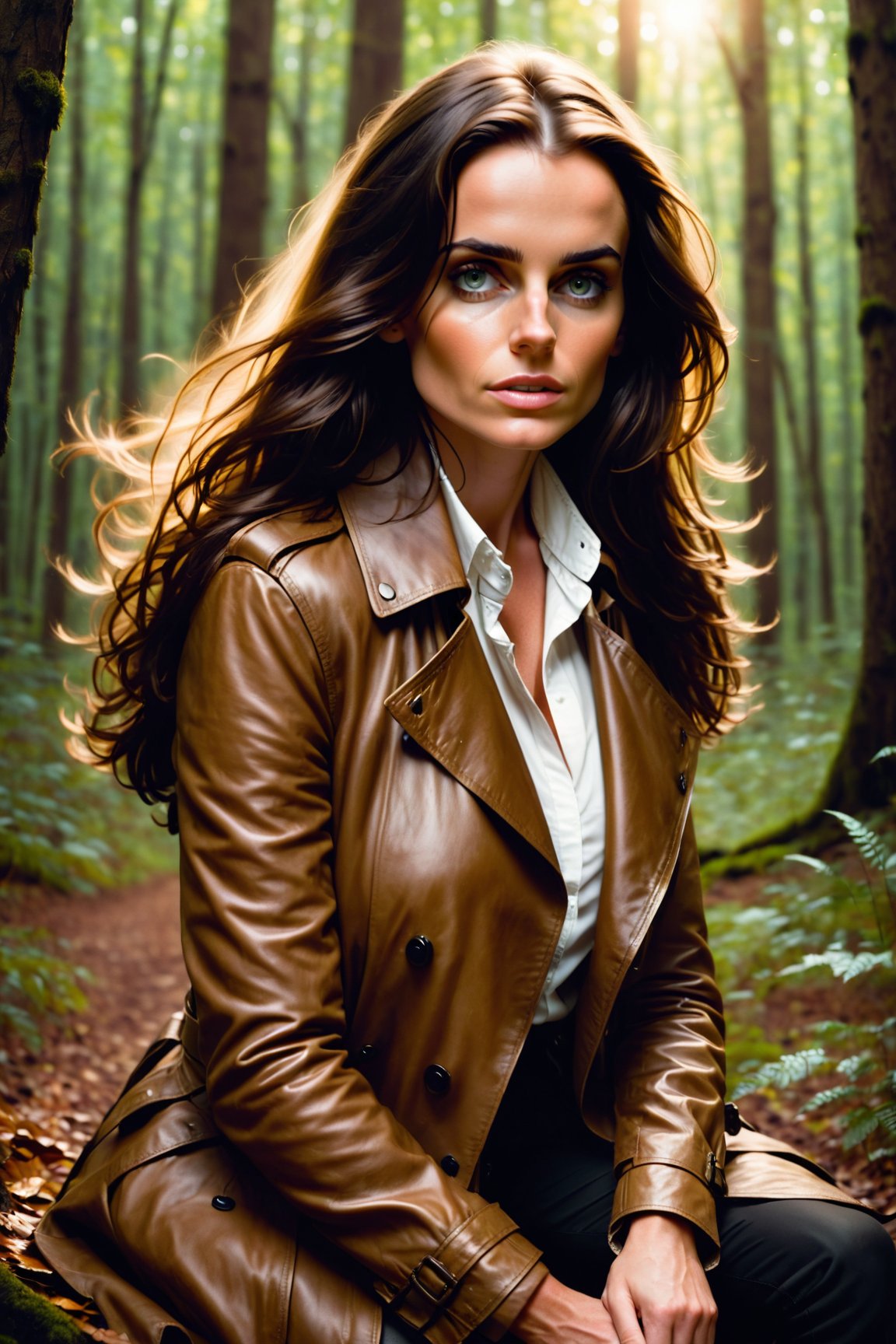 A beautiful woman with a long dark hair, sitting in the forest. He looks straight into the camera and is holding a brown leather jacket, and has white shirt on, and she's wearing a brown trench coat over a white shirt. She's face are visible, and her hair was flowing down, and she can do a warm glow around her, she has a gentle expression