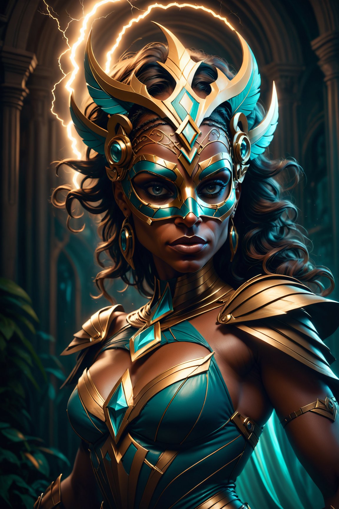 A creative studio portrait of amazonian woman with a mask that is made out digital painting, concept art, cgsociety, hyper-realistic, octane render, cinematic lightning, 8k hd artwork, detailed, intricate, dramatic lighting, beautiful masterpiece by Artgerm and Greg Rutkowski and Alphonse Mucha, trending on DeviantArt artstation 