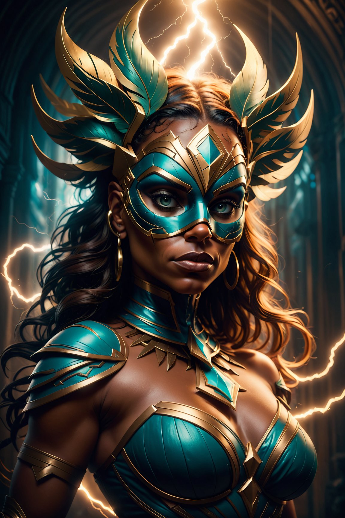 A creative studio portrait of amazonian woman with a mask that is made out digital painting, concept art, cgsociety, hyper-realistic, octane render, cinematic lightning, 8k hd artwork, detailed, intricate, dramatic lighting, beautiful masterpiece by Artgerm and Greg Rutkowski and Alphonse Mucha, trending on DeviantArt artstation 