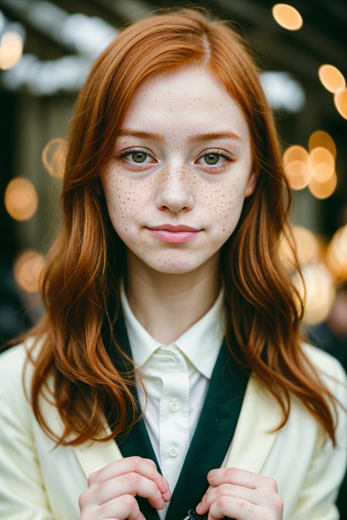 closed lips, cute smile, cinematic photo (art by Mathias Goeritz:0.9) , photograph, Lush Girlfriend, Tax collector, Rich ginger hair, Winter, tilt shift, Horror, specular lighting, film grain, Samsung Galaxy, F/5, (cinematic still:1.2), freckles . 35mm photograph, film, bokeh, professional, 4k, highly detailed
,1 girl,midjourney,yuzu, perfect, fingers,realistic