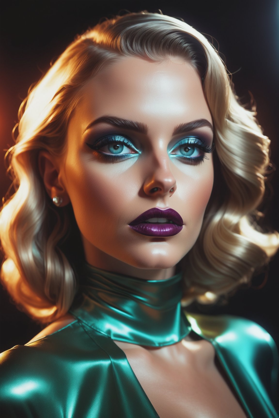 RAW photograph, a beautiful woman, perfect seductive face, otherworldy beauty, shiny satin haute couture outfit, creative makeup, masterpiece, 8k, dslr, amazing natural lighting, rich emotive colors, deep darks, high contrast, kodachrome, analog film, 35mm photograph, subsurface scattering, prismatic colored light