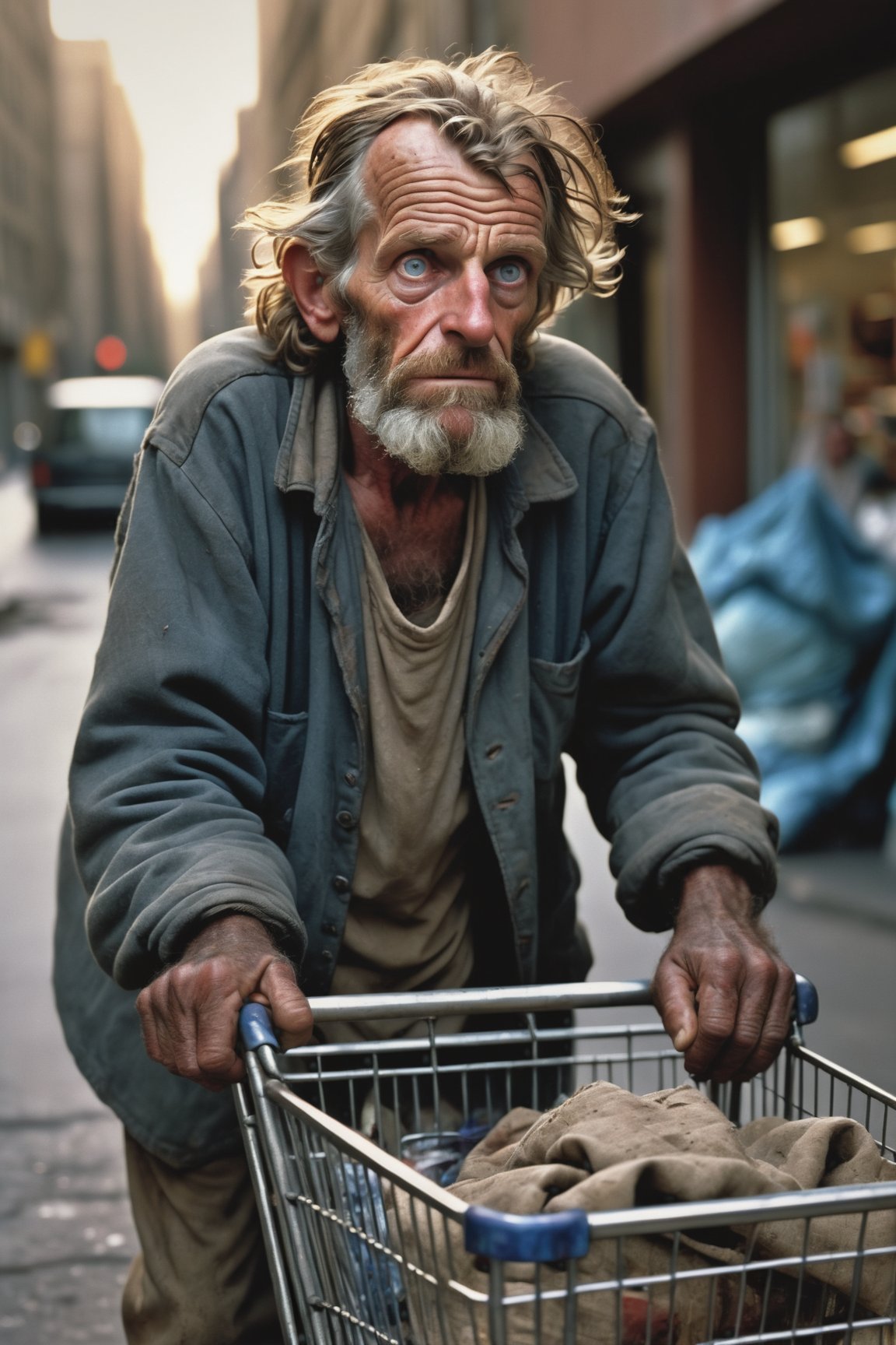 Professional RAW photo, wide mid shot, a homeless man, wrinkled face, his facial expression tells the story of a long troubled life, beside him is a shopping cart full of his personal belongings, dirty and unhealthy, essentially a kind soul, photo by Steve McCurry, HDR10, 8k hdr, color graded portra 400 film, 35mm photograph, professional, 4k, DSLR, sharp focus, remarkable color, hair follicles, raytracing, subsurface scattering, subcutaneous veins, amazing natural lighting, highly detailed, deep darks, high contrast, award winning, masterpiece