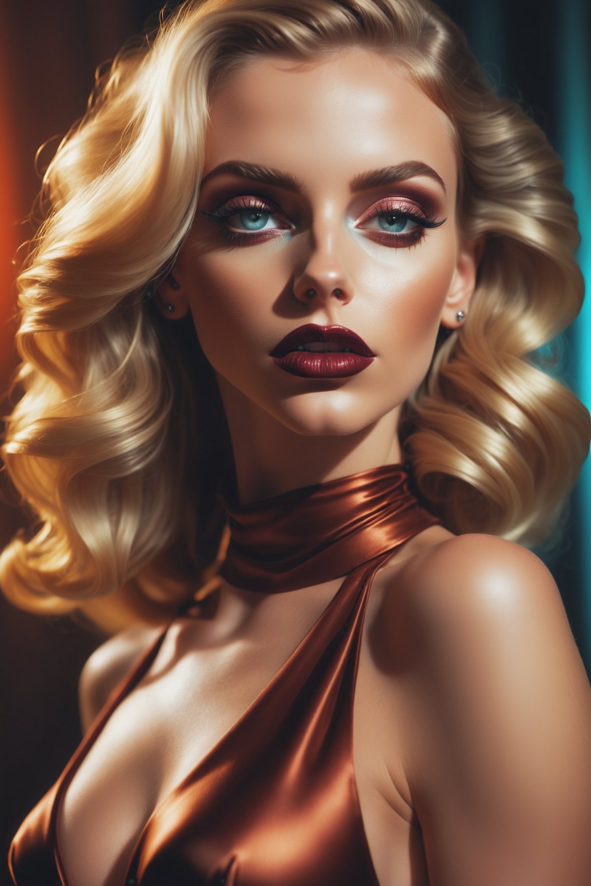 RAW photograph, a beautiful woman, perfect seductive face, otherworldy beauty, shiny satin haute couture outfit, creative makeup, masterpiece, 8k, dslr, amazing natural lighting, rich emotive colors, deep darks, high contrast, kodachrome, analog film, 35mm photograph, subsurface scattering, prismatic colored light