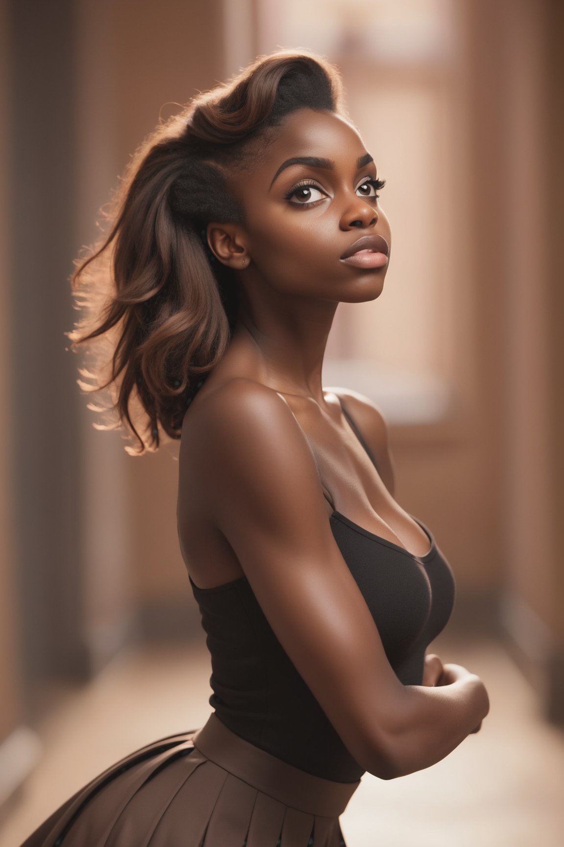 breathtaking cinematic film still of a black 25 year old woman, arm up, bent over, blurry, blurry background, blush, breasts, brown background, brown eyes, lony straight brown hair, black skirt, closed mouth, collarbone, depth of field, downblouse, eyebrows hidden by hair, gradient background, hair between eyes, hair tucking, long sleeves, medium breasts, 