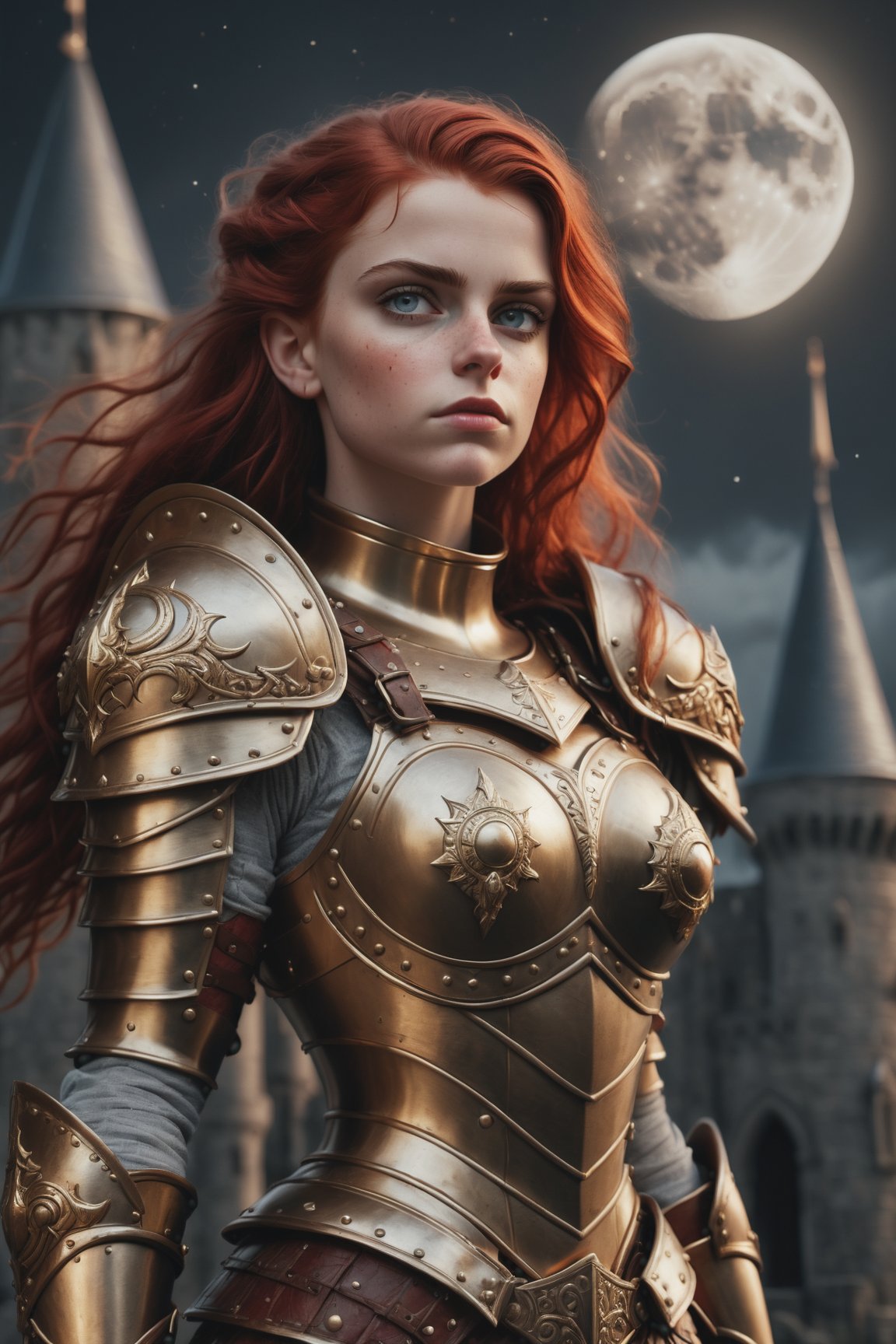 warrior girl, armor gold, hair red, castle, moon, intricate detail ,dark background , HD. Photograph, ((realism)), extremely high quality RAW photograph, ultra detailed photograph, sharp focus, high resolution, (detailed skin:1,3),high quality, film grain, Fujifilm XT3,Highly Detailed, movie, (Cinematic Photo:1.3) of (Realistic:1.3)