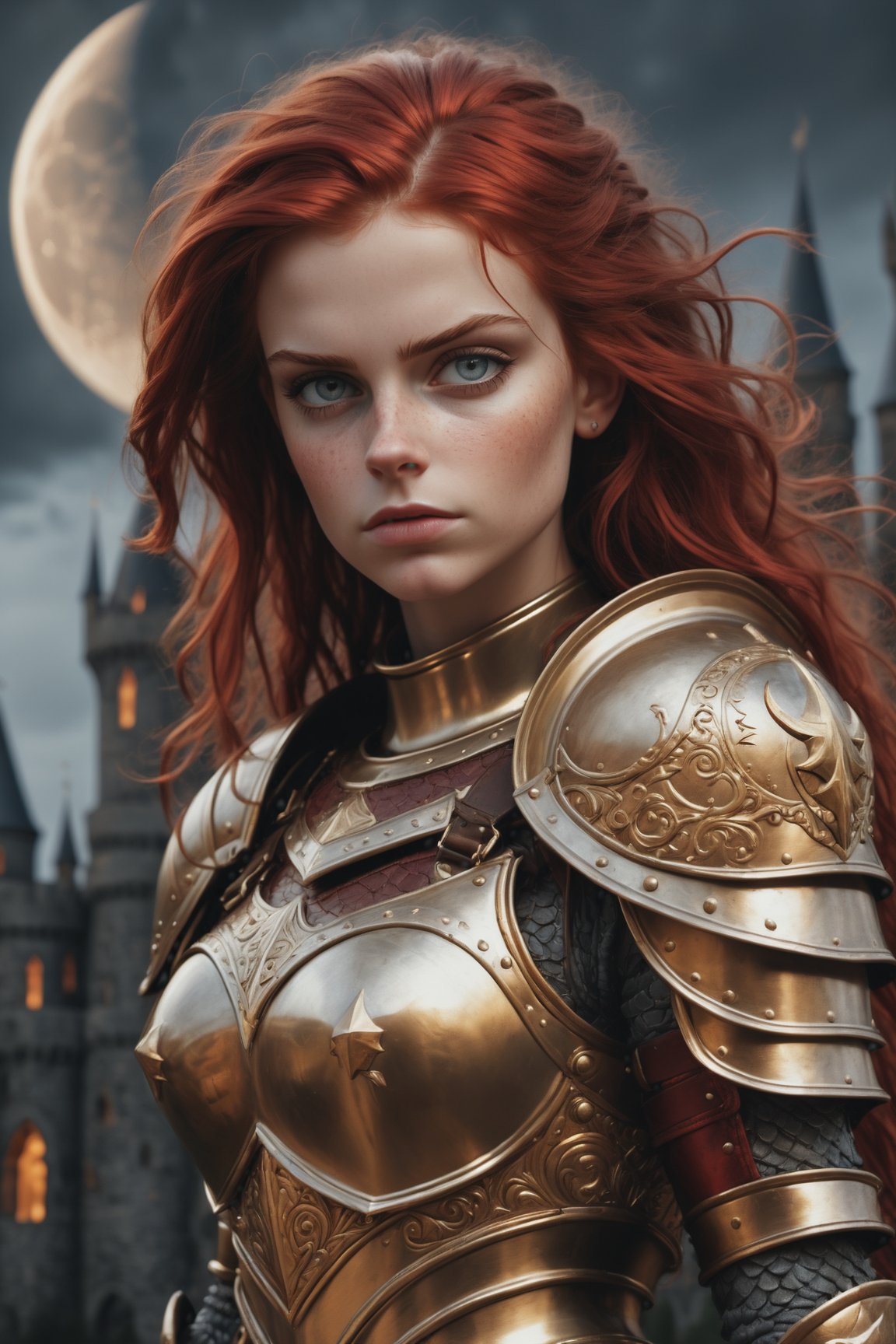 warrior girl, armor gold, hair red, castle, moon, intricate detail ,dark background , HD. Photograph, ((realism)), extremely high quality RAW photograph, ultra detailed photograph, sharp focus, high resolution, (detailed skin:1,3),high quality, film grain, Fujifilm XT3,Highly Detailed, movie, (Cinematic Photo:1.3) of (Realistic:1.3)