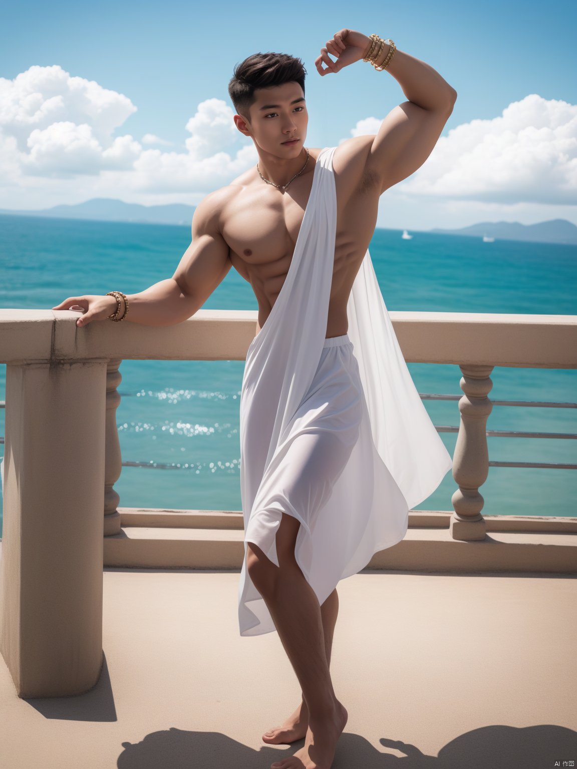 masterpiece, 1 Man, Roman dress, Muscular development, Outdoor, Sea, Magic wheel, Whole body, Stand, Barefoot, Bracelet, Foot ring, Breeze, There is plenty of sunshine, Light and shadow, textured skin, super detail, best quality