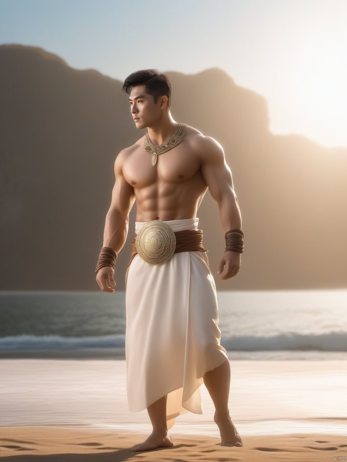  (asian), 1 Man, Roman dress, Muscular development, Outdoor, Sea, Magic wheel, Whole body, Stand, Barefoot, Bracelet, Foot ring, Breeze, There is plenty of sunshine, Light and shadow, textured skin, super detail, best quality, (looking at viewer), (handsome)