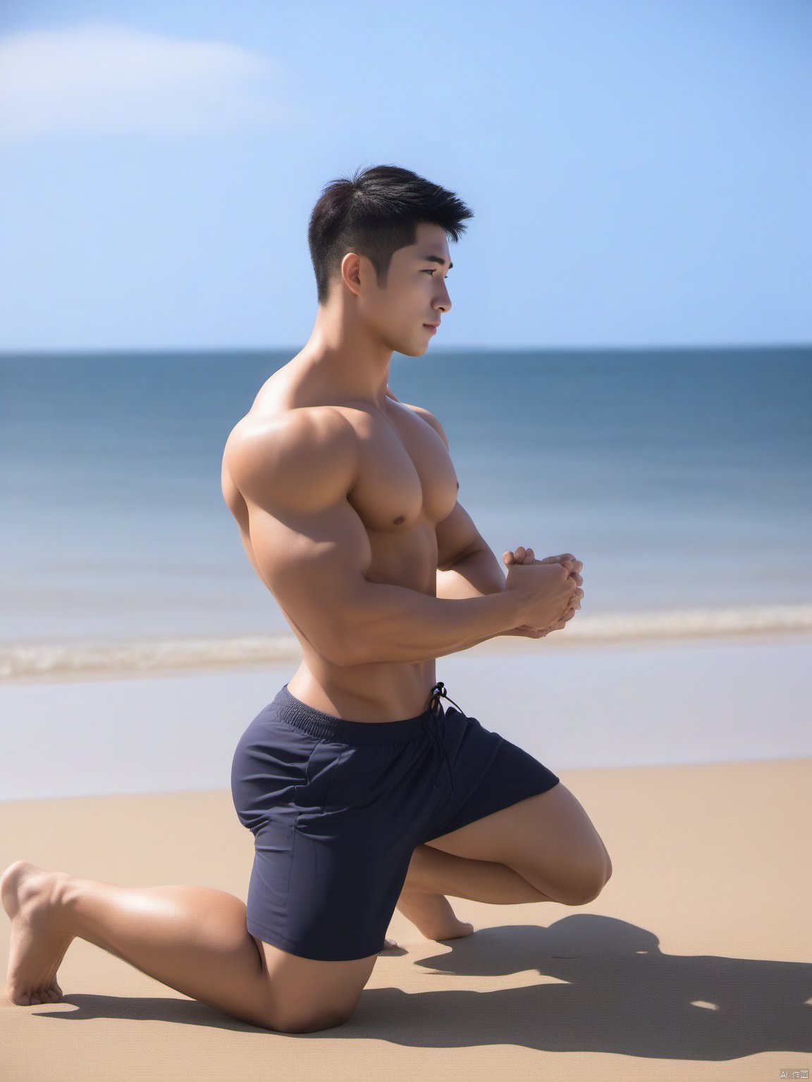  (asian), 1boy, outdoors, solo, male focus, day, bara, muscular male, muscular, navel, pectorals, beach, short hair, black hair, nipples, abs, kneeling, large pectorals, sky, closed mouth, water, ocean, (nude), (penis)