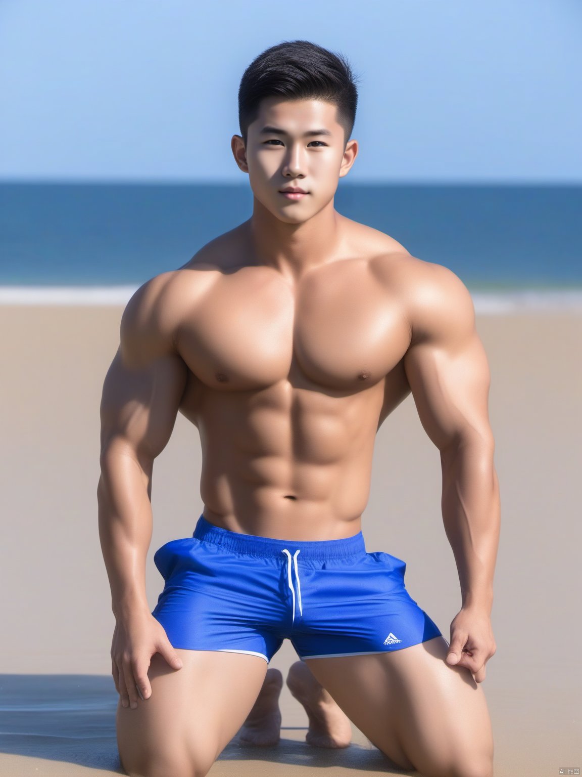  (asian), 1boy, outdoors, solo, male focus, day, bara, muscular male, muscular, navel, pectorals, beach, short hair, black hair, nipples, abs, kneeling, large pectorals, blue shorts, sky, closed mouth, water, male swimwear, ocean, shorts,(looking at viewer), (handsome)