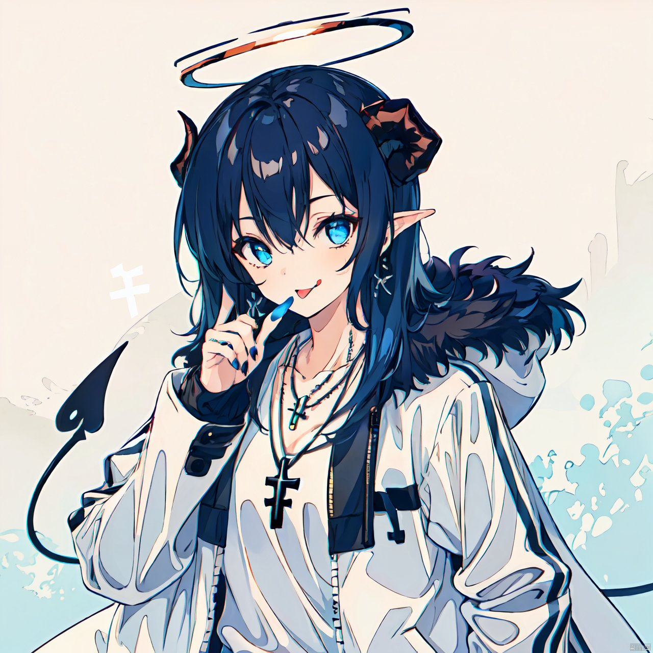  1girl, mostima \(arknights\), solo, horns, halo, long hair, blue hair, fur trim, blue eyes, shirt, cross necklace, white shirt, necklace, jewelry, long sleeves, open clothes, open coat, coat, fur-trimmed coat, upper body, blue tongue, black coat, cross, blue nails, simple background, grey background, bangs, collarbone, nail polish, hand up, gradient background, gradient, black jacket, looking at viewer, tongue, jacket, colored tongue, smile, hood, tongue out, demon horns, finger to mouth, mjiaocha