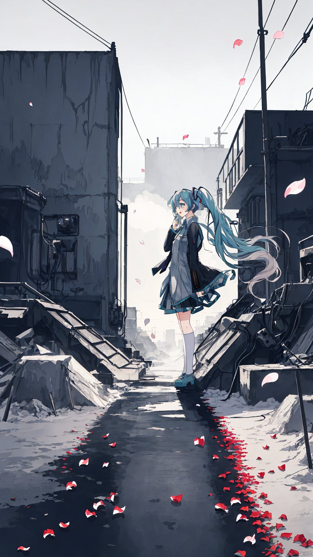  25-ji miku, hatsune miku, project sekai, vocaloid, 1girl, blue eyes, blue nails, blush, collared dress, dress, frills, grey hair, hair ribbon, hands up, heterochromia, purple eyes, ribbon, solo, twintails, white dress, white ribbon, light particles, white theme, from side, gradient background, english text, album cover, depth of field, dust, white building, landscape, industrial site, lunar soil, white theme, blurry, oversized machines, post apocalypse,chromatic abbrevation, petals, fog, light particles, from above, liminal clothing, open jacket depth of field, blurry foreground, blurry background, full body