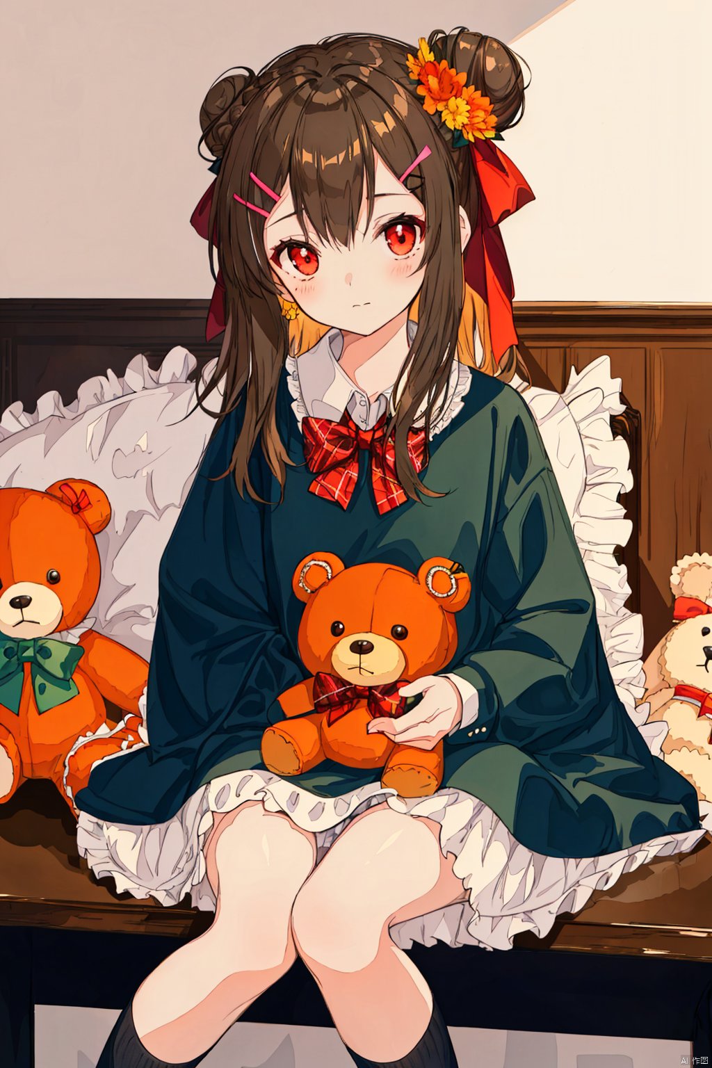  1girl, stuffed animal, stuffed toy, solo, dress, long hair, sitting, looking at viewer, teddy bear, holding stuffed toy, long sleeves, hair ornament, hair bun, bow, green dress, orange bow, plaid, blush, socks, frills, bangs, closed mouth, holding, red eyes, orange bowtie, flower, feet out of frame, ribbon, hair ribbon, single side bun, green bow, brown hair, table, blanket, black ribbon, hairclip, collar, bowtie, mjiaocha