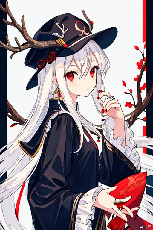  ligne Claire, long hair, solo, ((white hair)), red eyes, 1girl, hat, looking at viewer, hair between eyes, upper body, closed mouth, long sleeves, fingernails, bangs, frilled sleeves, frills, looking back, tassel, ring, jewelry, antlers, from side, hand up, long fingernails, mjiaochja, mjiaocha