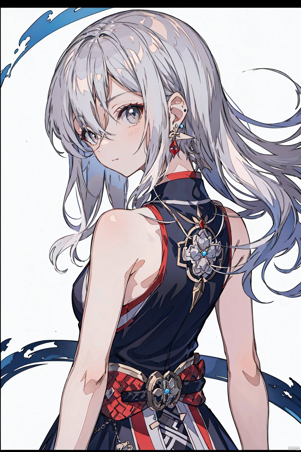  paper background, 1girl, long hair, solo, jewelry, looking at viewer, earrings, upper body, red choker, grey eyes, hair between eyes, bangs, choker, bare shoulders, closed mouth, hair intakes, dress, wavy hair, sleeveless, necklace, grey hair, white hair, letterboxed, looking back, head tilt, msaibo, evil, mjiaocha