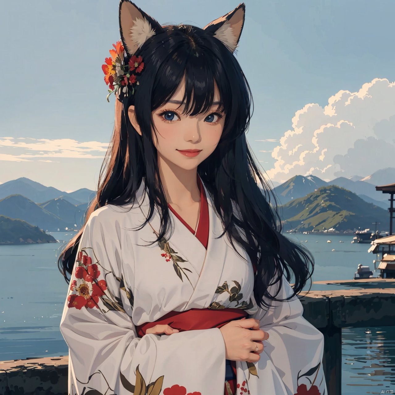  anime style,anime screen,1girl, long hair, blue eyes, hair ornament, flower, hair flower, animal ears, solo, looking at viewer, japanese clothes, smile, kimono, red flower, blush, upper body, hair between eyes, blurry background, animal, blurry, closed mouth, bangs, red kimono, white hair, long sleeves, print kimono, holding, dog, floral print, animal hug, chinese zodiac, depth of field, holding animal, wide sleeves, very long hair, mtianmei, mjiaocha