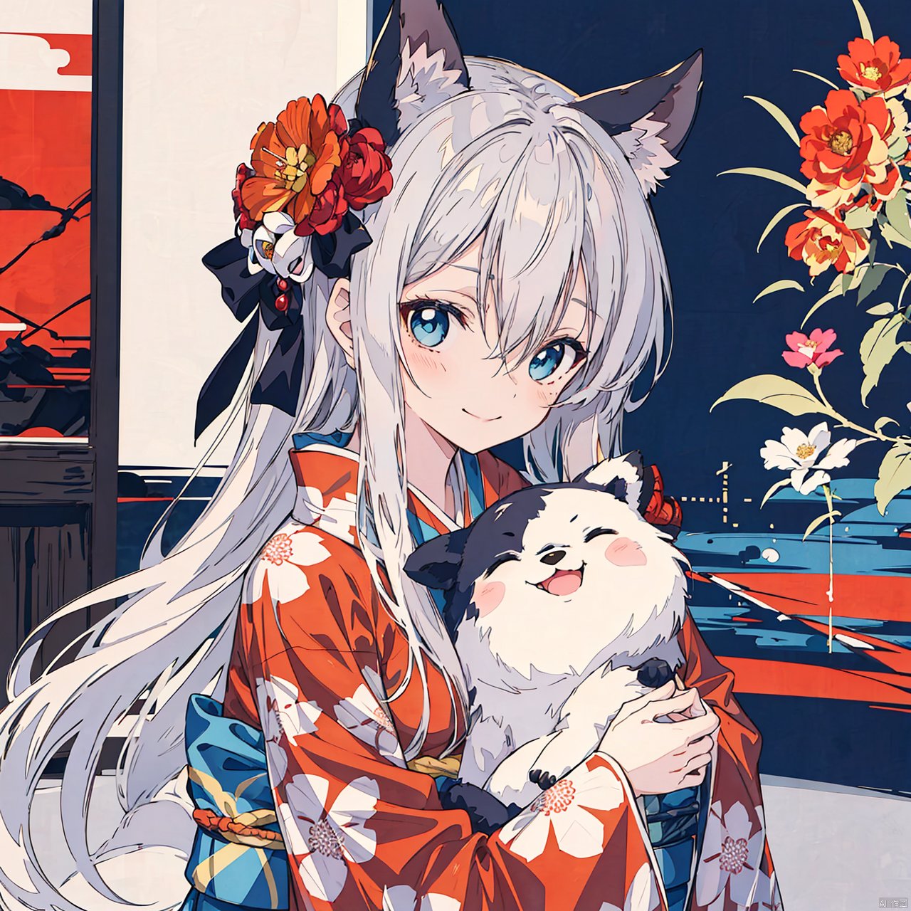  anime style,anime screen,1girl, long hair, blue eyes, hair ornament, flower, hair flower, animal ears, solo, looking at viewer, japanese clothes, smile, kimono, red flower, blush, upper body, hair between eyes, blurry background, animal, blurry, closed mouth, bangs, red kimono, white hair, long sleeves, print kimono, holding, dog, floral print, animal hug, chinese zodiac, depth of field, holding animal, wide sleeves, very long hair, mtianmei, mjiaocha