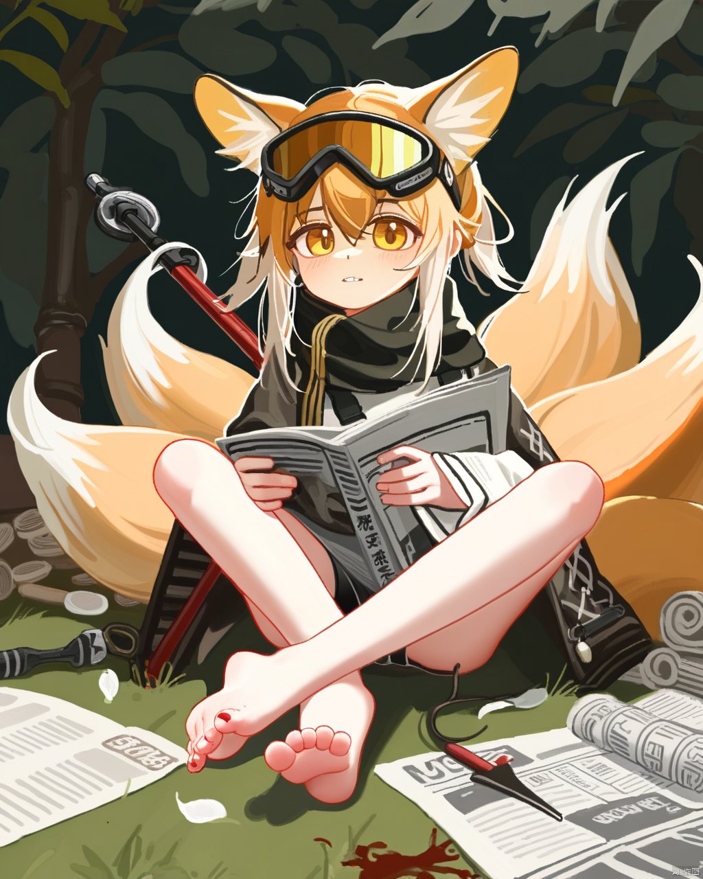  tianliang duohe fangdongye,tianliang duohe fangdongye,1girl,absurdres,animal_ears,arknights,asymmetrical_pants,barefoot,black_scarf,blood,child,crowbar,feet,foot_focus,foreshortening,fox_ears,fox_girl,fox_tail,goggles,goggles_on_head,gun,highres,holding,holding_weapon,legs_together,multiple_tails,newspaper,official_alternate_costume,on_ground,scarf,shell_casing,sitting,soles,solo,suzuran_(arknights),suzuran_(lostlands_flowering)_(arknights),tail,tianliang_duohe_fangdongye,toes,tooth,weapon