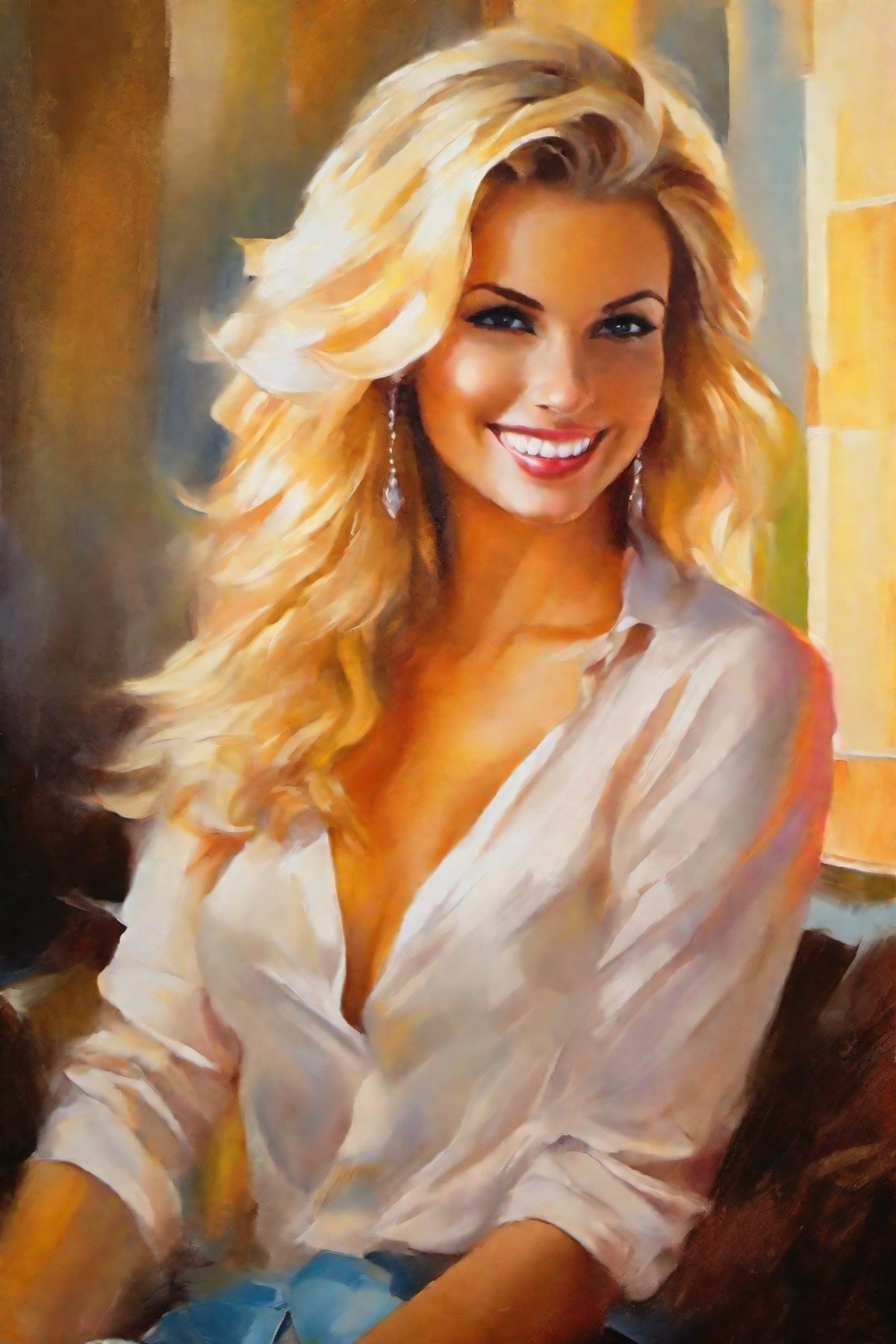 oil painting, vivid colors, beautiful light, masterpiece, best quality, blonde woman, sultry smile, cleavage