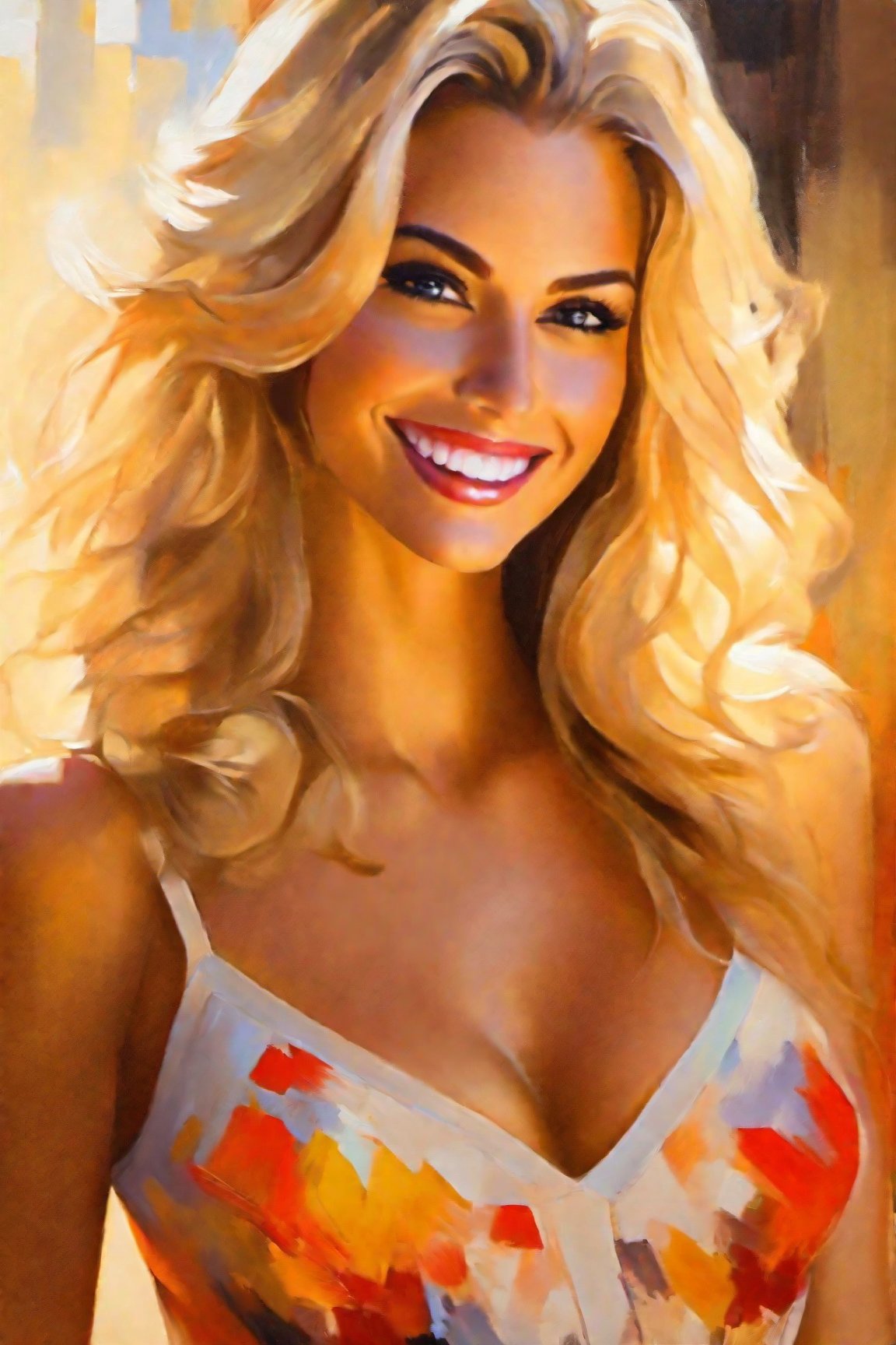 oil painting, vivid colors, beautiful light, masterpiece, best quality, blonde woman, sultry smile, cleavage